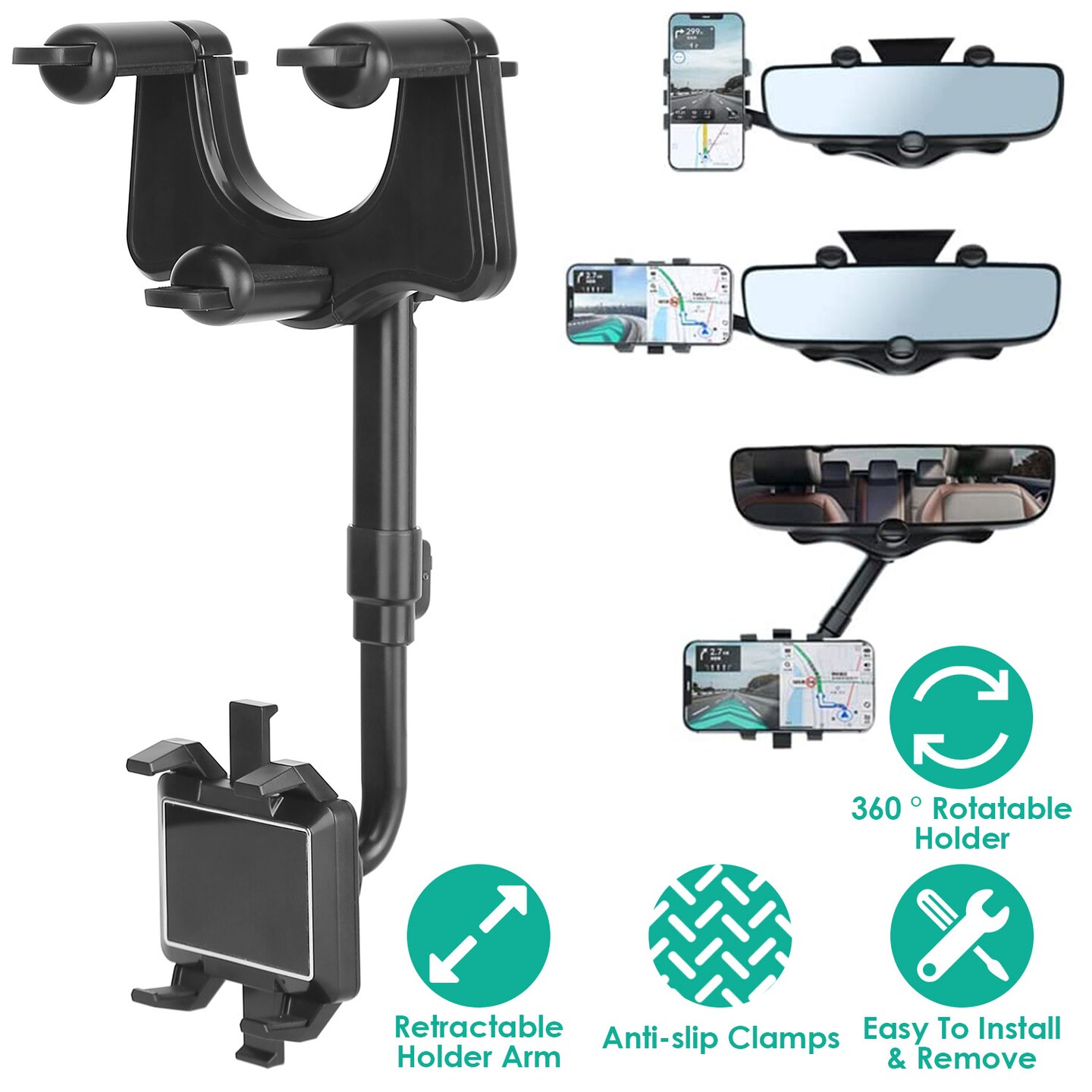 Global Phoenix Car Mobile Phone Holder Bracket Multifunctional Rearview Mirror Phone Mount Cradle for Car Rotatable Retractable