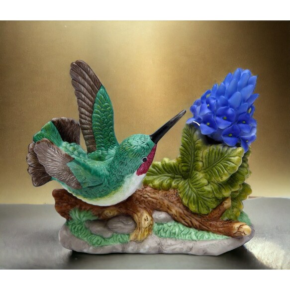 Ceramic Hummingbird Figurine With Purple Orchid 4In