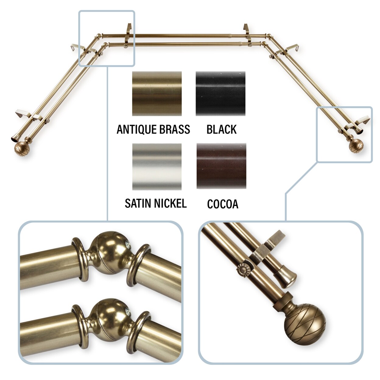 Rod Desyne   Arman 13 by 16&#x22; Bay Window Double Curtain Rod  20&#x22;-36&#x22;, 38&#x22;-72&#x22;