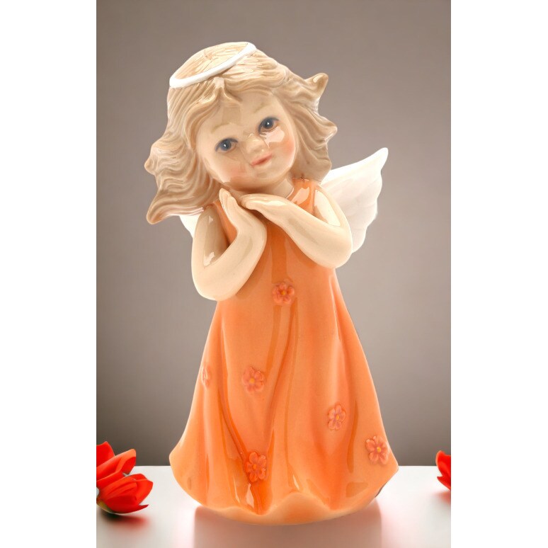 Ceramic Angel Figurine Peach Orange Dress 2.5In Religious Church