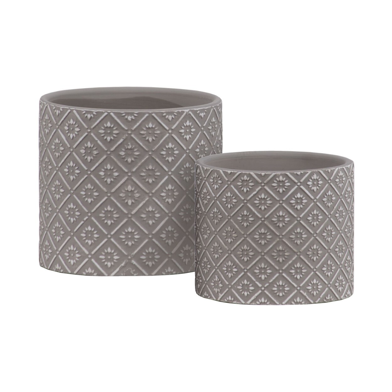 Urban Trends Collection Ceramic Cylindrical Pot with Painted Embossed Lattice Floral Design Body Set of Two Concrete Finish Gray