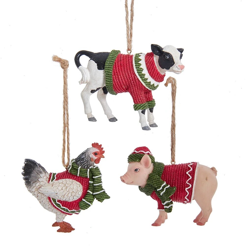 KSA Pack of 12 Farm Animals Wearing Sweaters Christmas Ornaments 3.25&#x22;