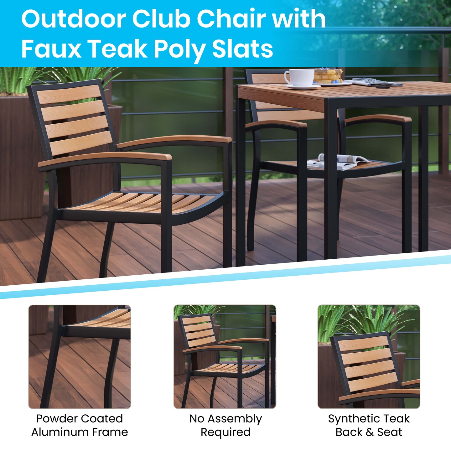 Merrick Lane Hampstead Five Piece Faux Teak Patio Dining Set Includes Table, Two Club Chairs, 9' Patio Umbrella and Base