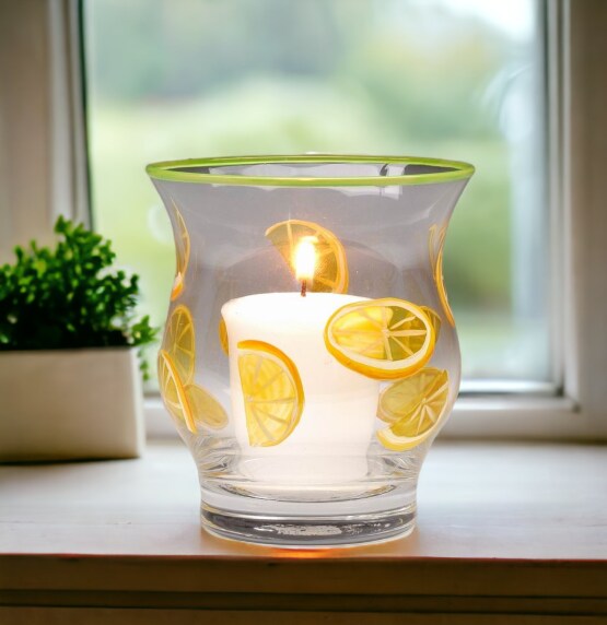 Hand painted glass lemon slice votive jar candle holder, Home D&#xE9;cor, Gift for Her, Gift for Mom, Vanity D&#xE9;cor, Bedroom Decor
