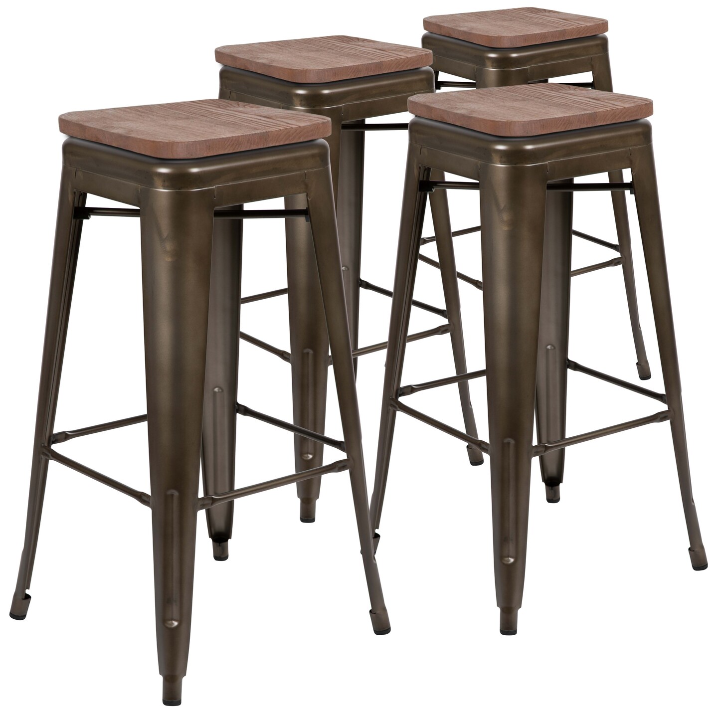 Merrick Lane Brooklyn Set of Four Metal Backless Wood Square Seat Bar Stools With Cross Braces