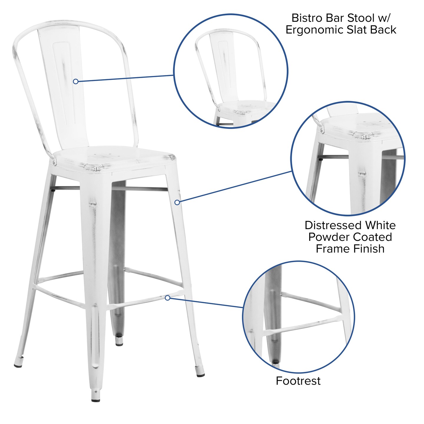 Emma and Oliver Commercial Grade 4 Pack 30&#x22; High Distressed Metal Indoor-Outdoor Barstool with Back