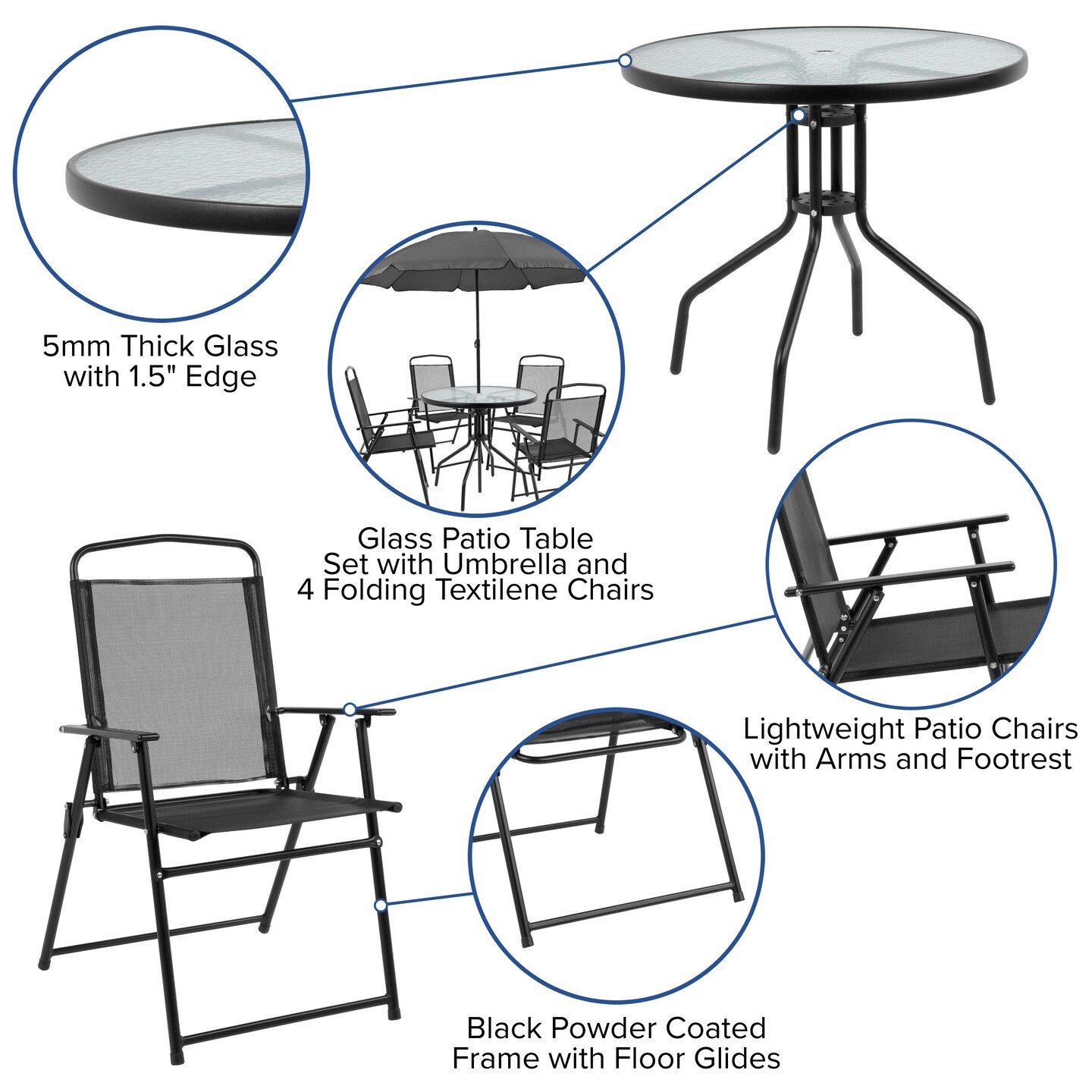 Emma and Oliver 6 Piece Patio Garden Set with Table, Umbrella and 4 Folding Chairs