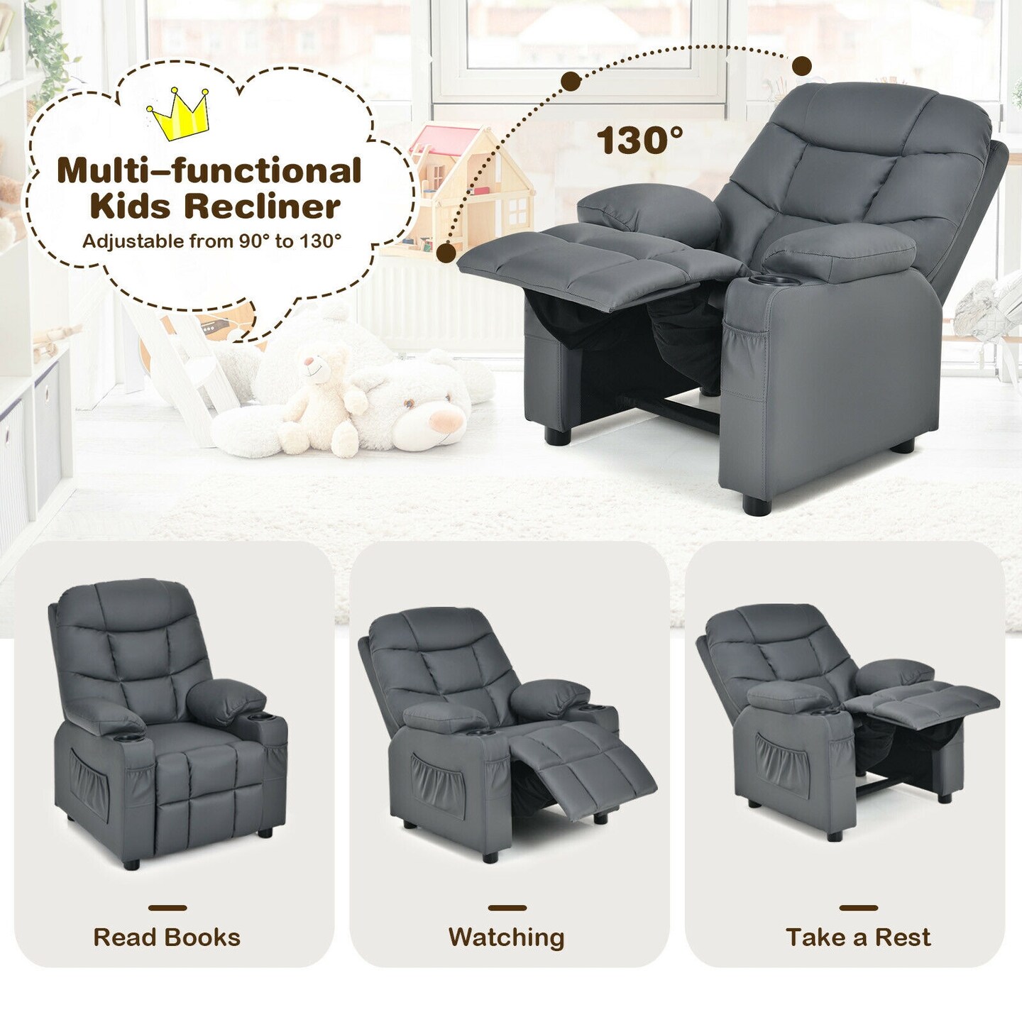 Kids Recliner Chair with Cup Holders Suitable for Children's Room, Living Room and Bedroom