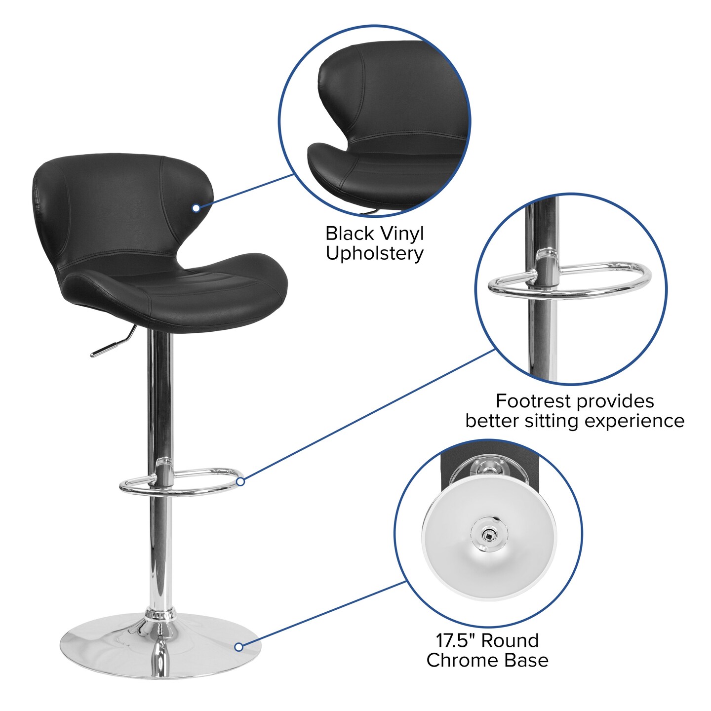 Merrick Lane Quincy Adjustable Height Barstool Contemporary Bar Height Stool with Curved Back and Metal Base with Footrest