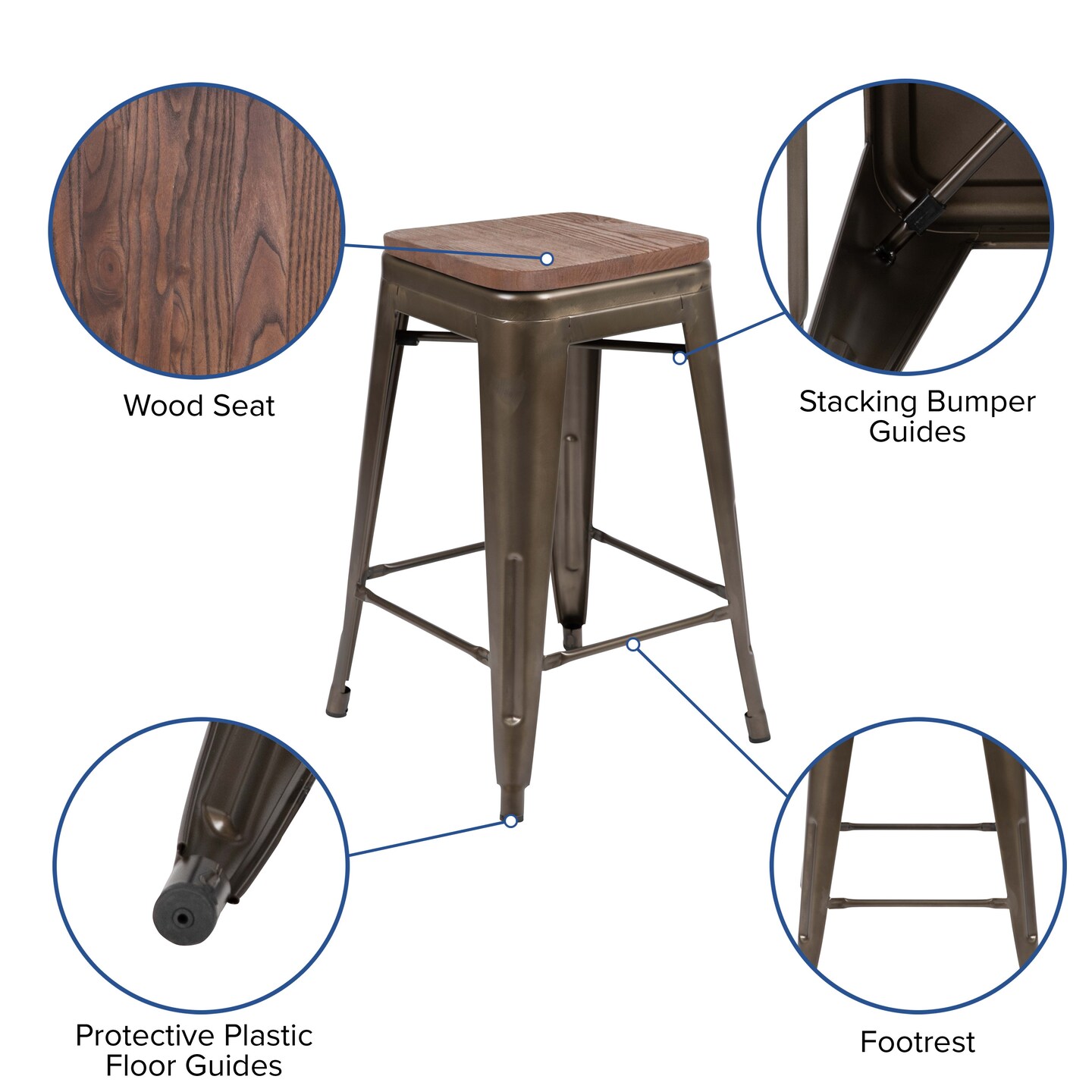 Merrick Lane Brooklyn 24 Inch Tall Stackable Metal Bar Counter Stool With Textured Elm Wood Seat In Set Of 4