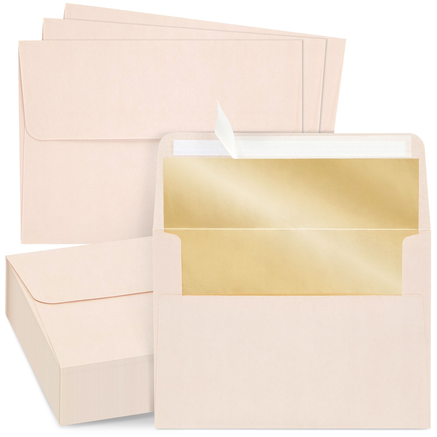 50 Pack Blush Pink 5x7 Envelopes for Invitations, Wedding, A7 Size with Bronze Lining and Self Adhesive Peel and Stick