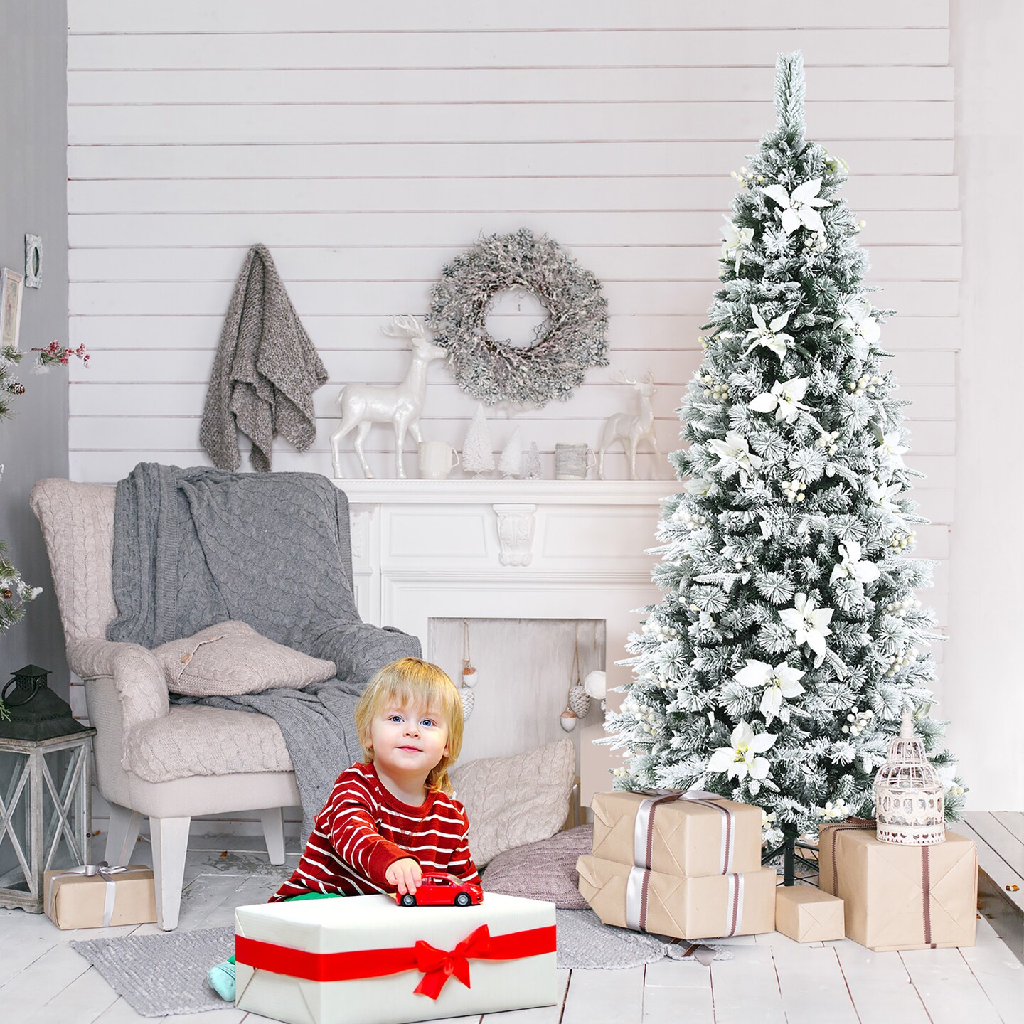 Costway 5ft/6ft/7ft/8ft Snow Flocked Christmas Pencil Tree w/ Berries &#x26; Poinsettia Flowers