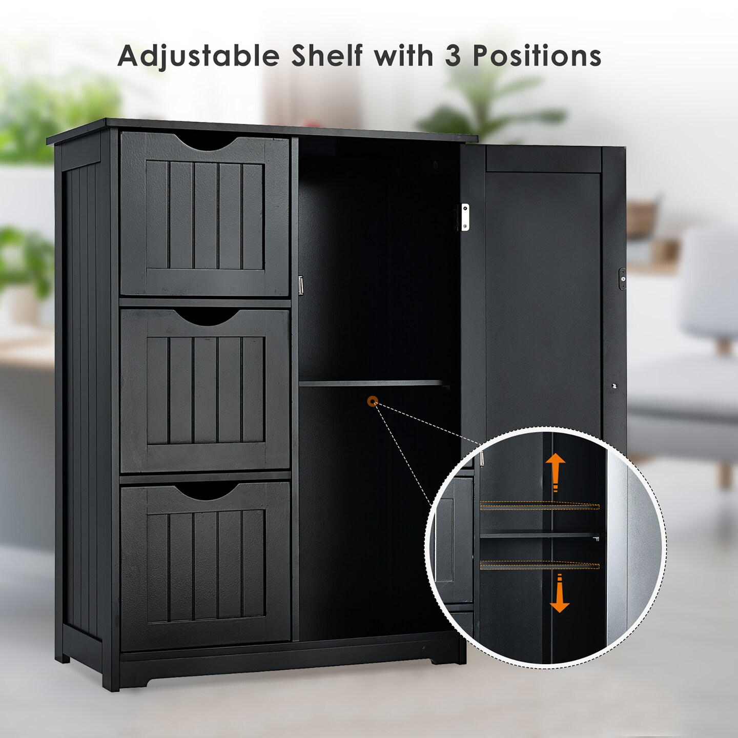 Costway Bathroom Floor Cabinet Side Storage Cabinet with 3 Drawers and 1 Cupboard Grey\ Black