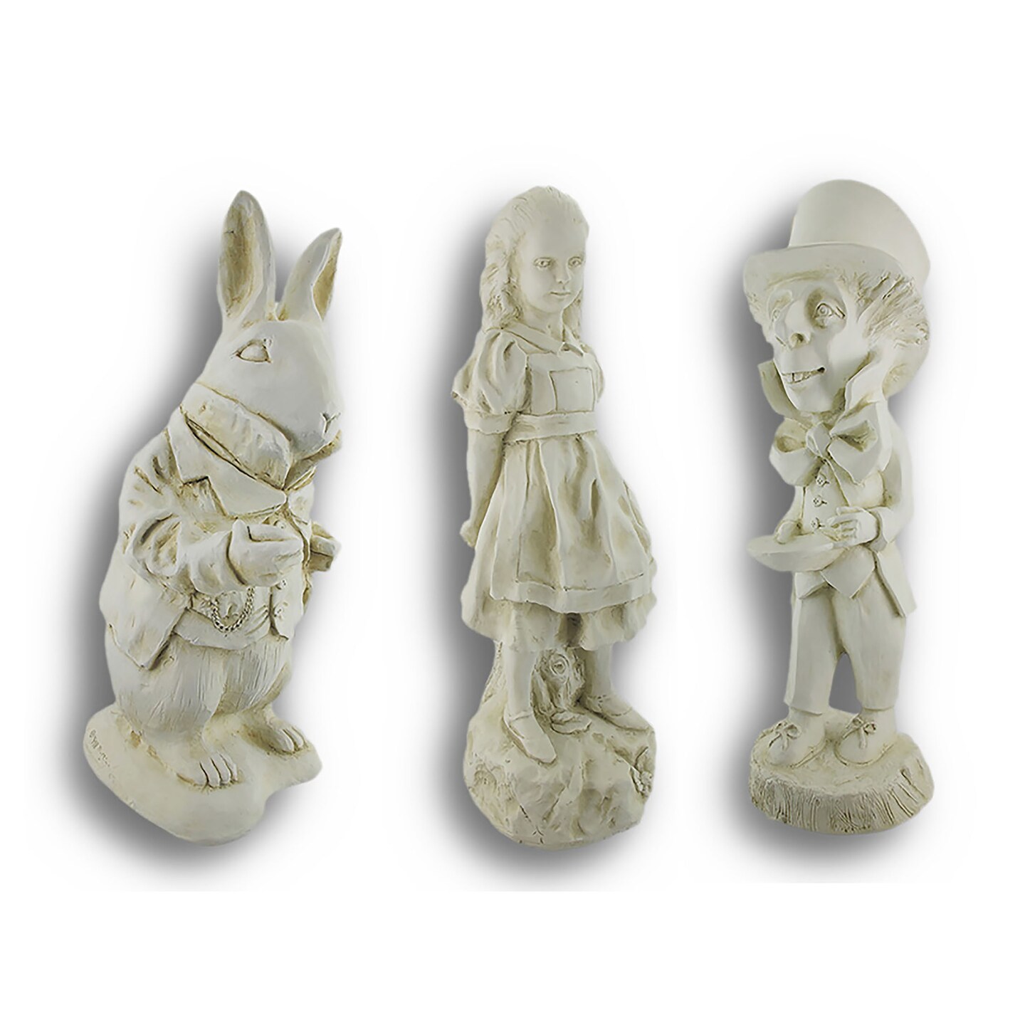 White Alice in Wonderland White Rabbit, Mad Hatter, Alice Garden Statue Set