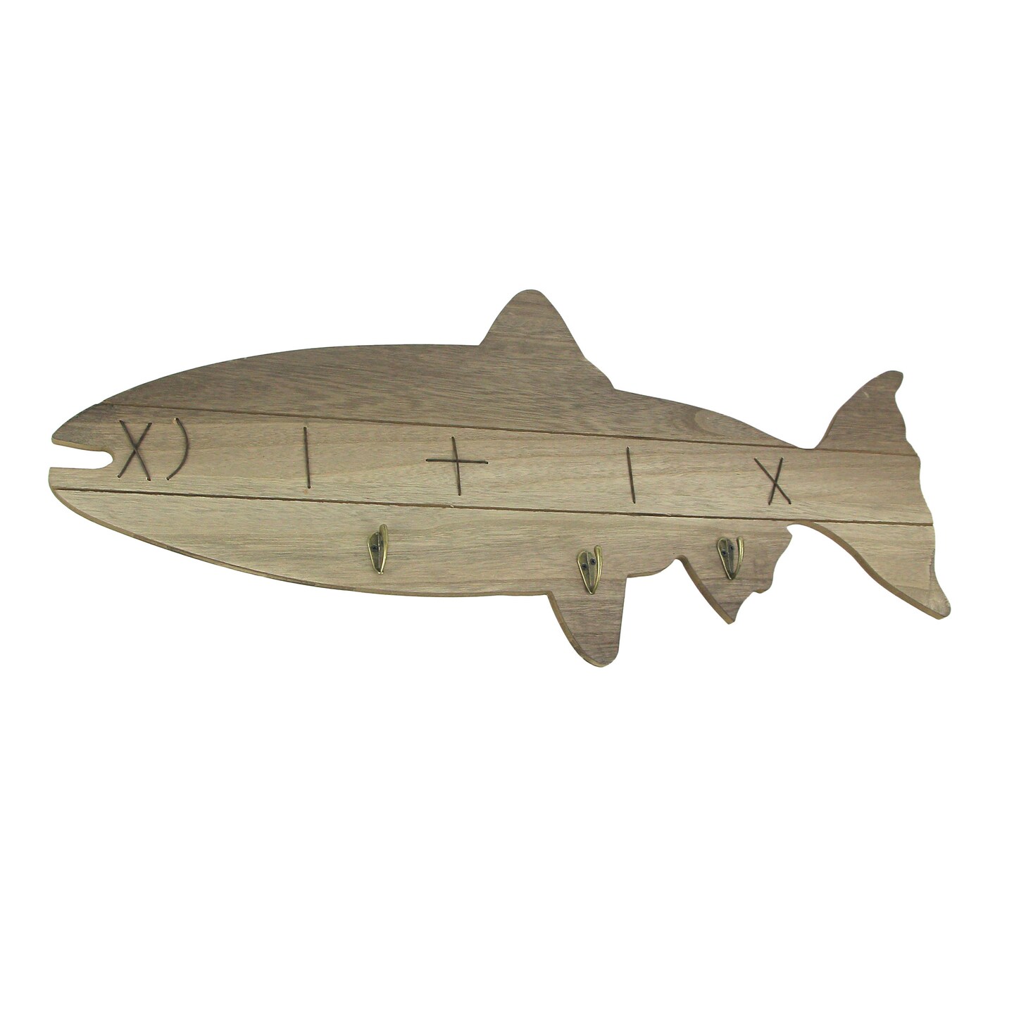 Distressed Wooden Fish Shaped 3 Hook Hanging Wall Rack 27.5 Inches Long