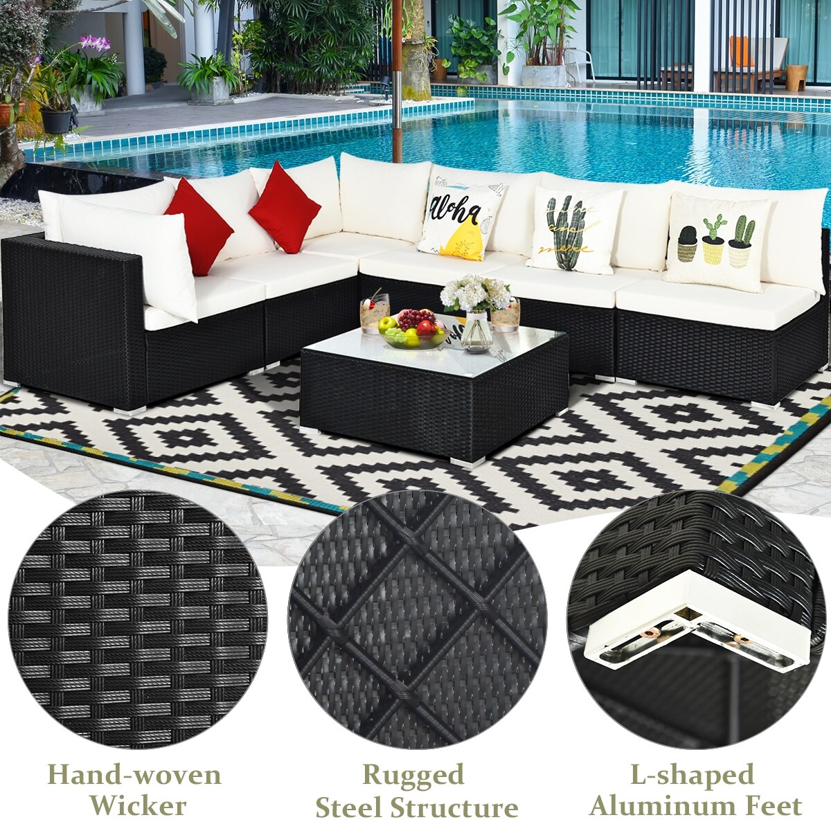 7 Pieces Sectional Wicker Furniture Sofa Set With Tempered Glass Top
