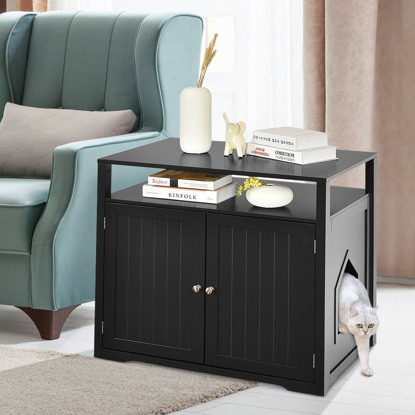 Wooden Cat Litter Box Enclosure Hidden Cat Washroom with Storage Layer