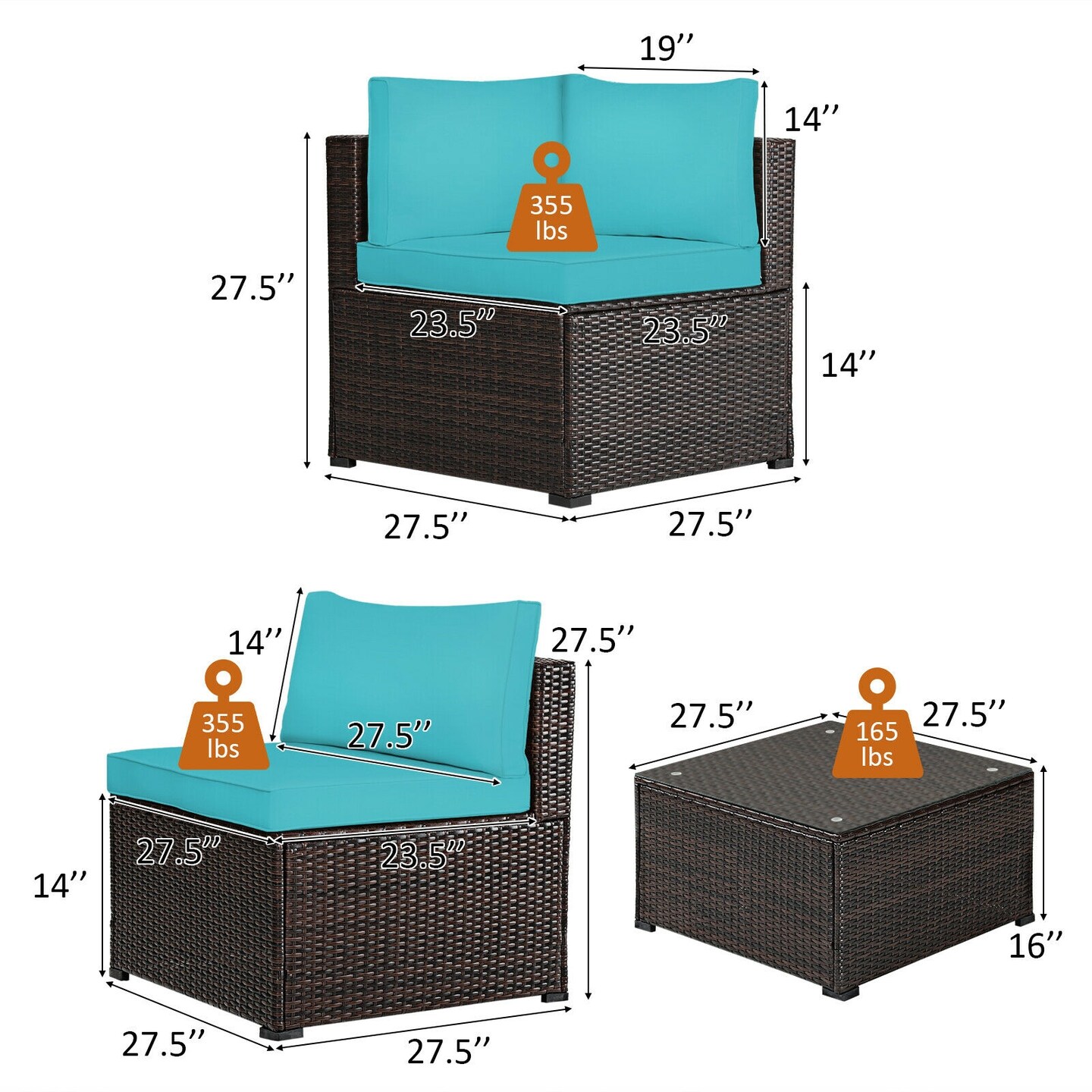 6 Pieces Patio Rattan Furniture Set Sectional Cushioned Sofa Deck