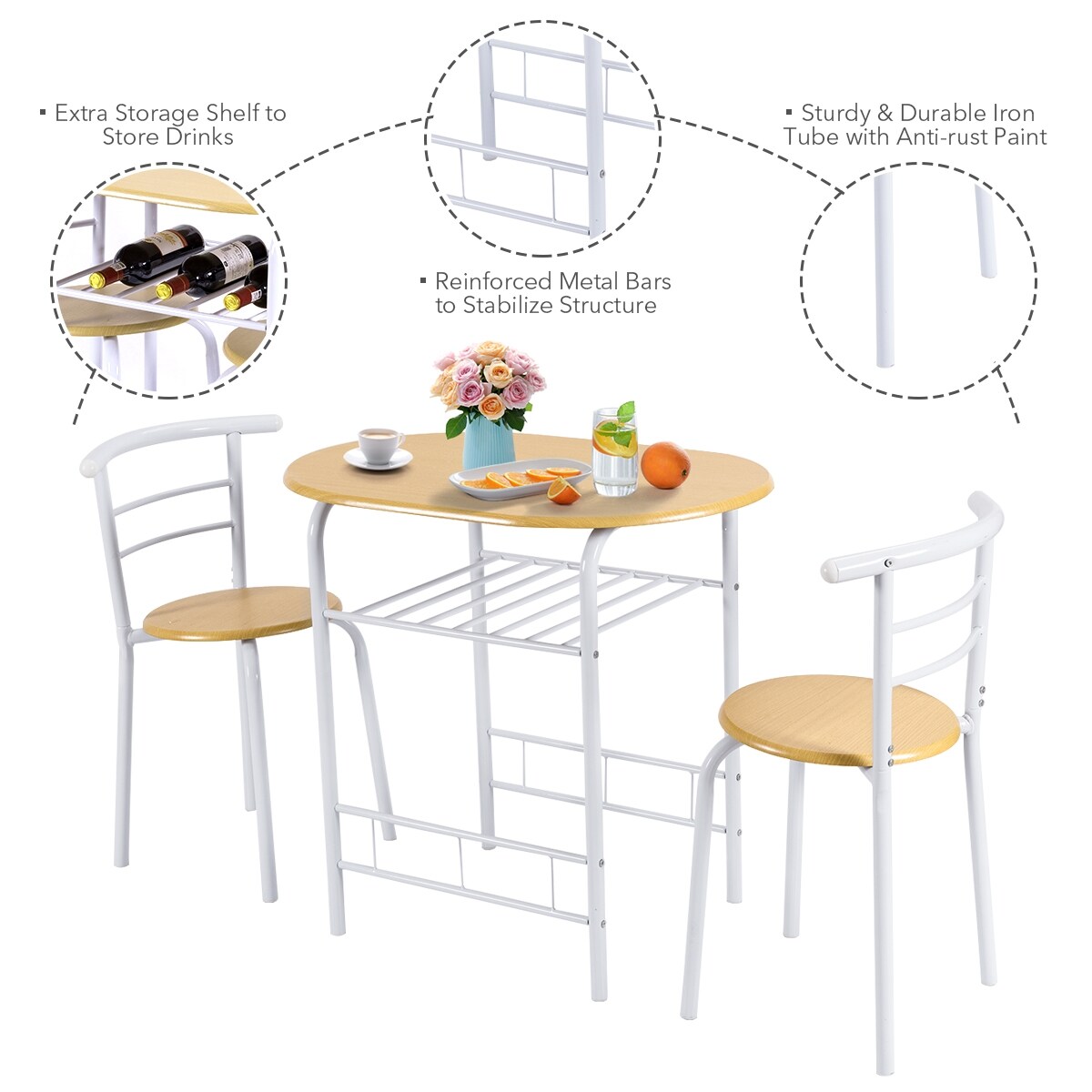 3-Piece Space-Saving Bistro Set with Wine Rack and Painted Steel Frame