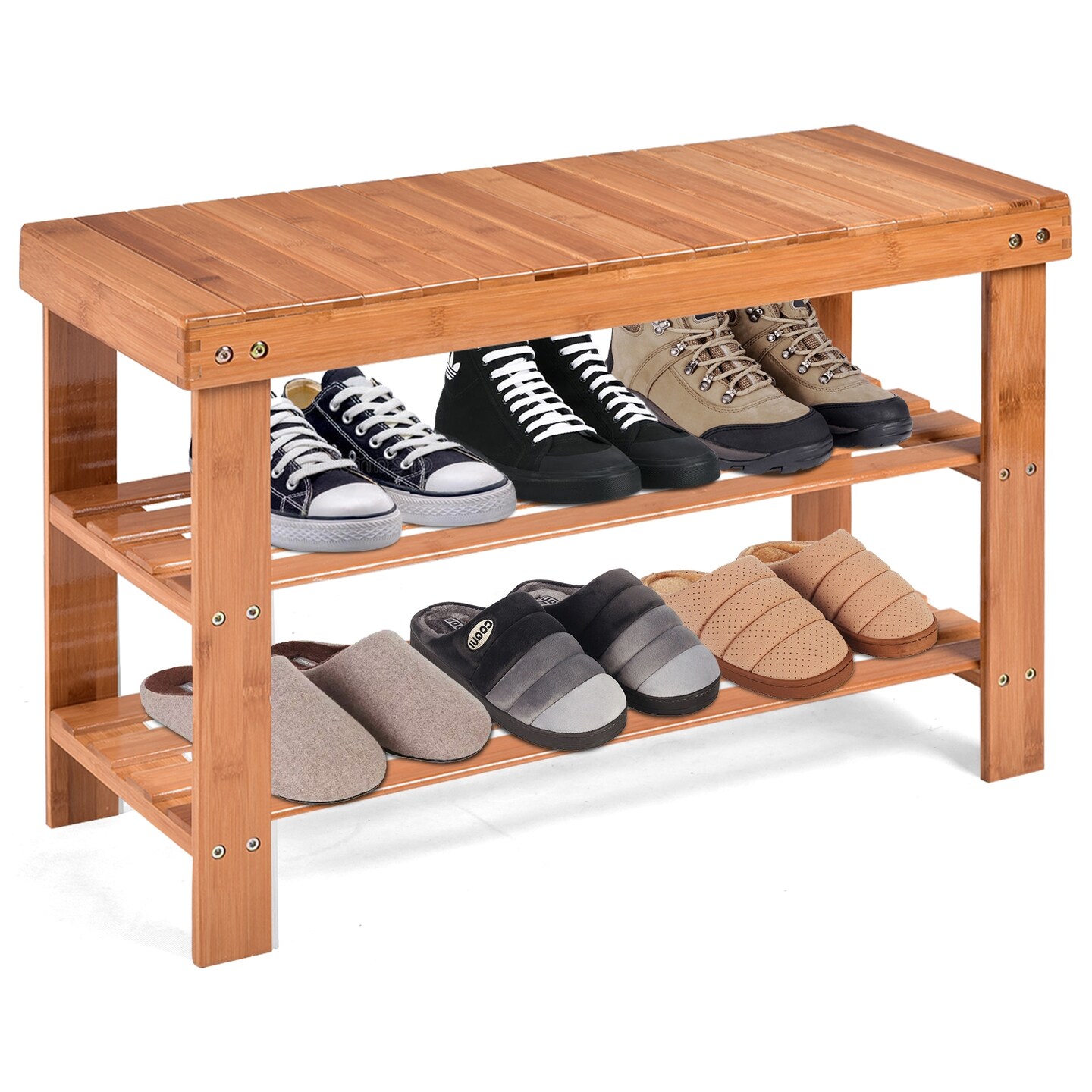 3-Tier Wicker Slatted Shoe Bench Holds up to 6 Pairs for Entryway