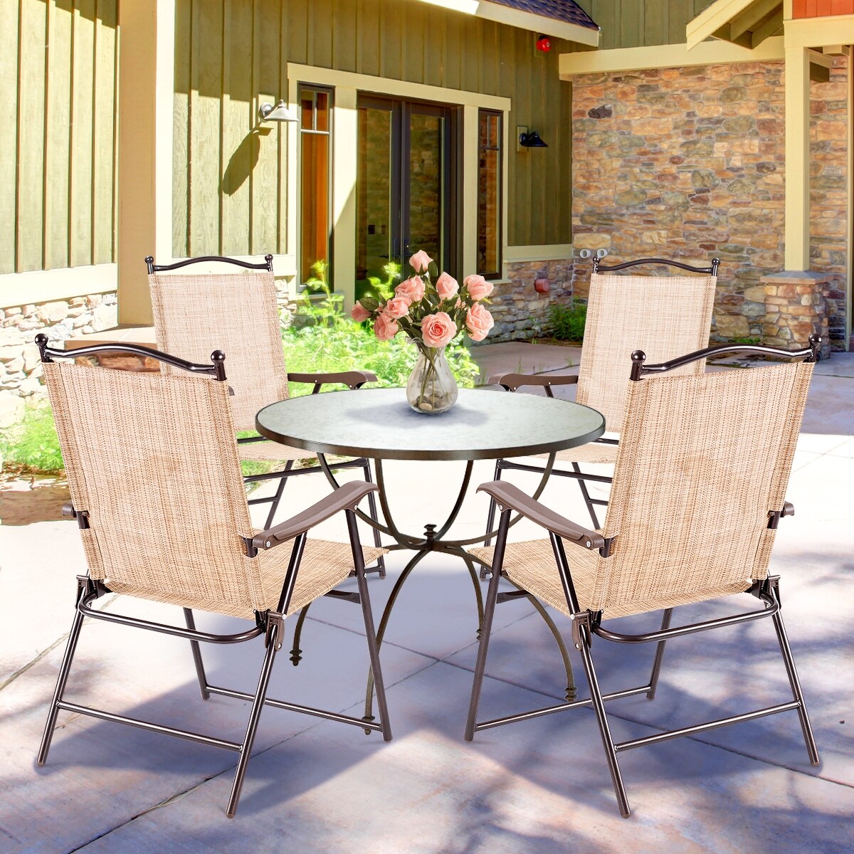 Set of 2 Patio Folding Sling Back Camping Deck Chairs with Steel Tube and Plastic Frame