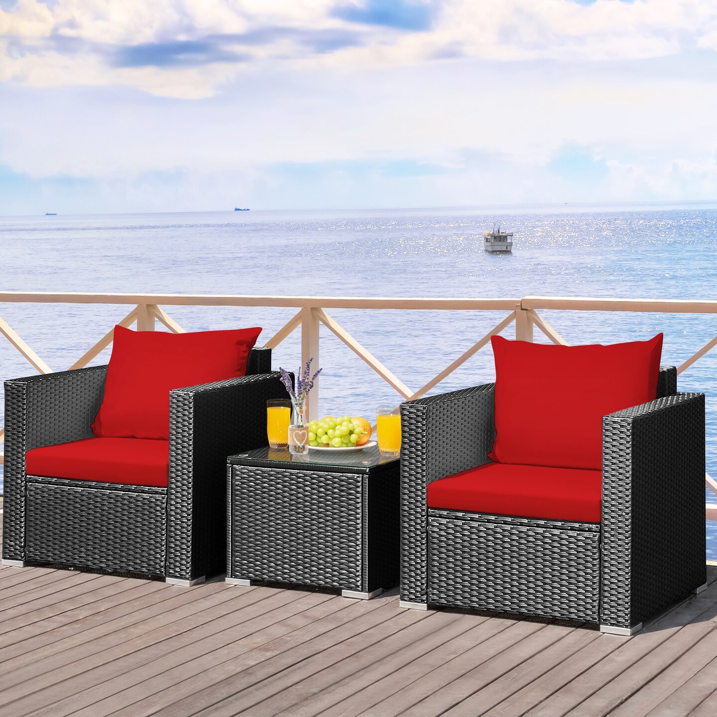 3 Pieces Patio Wicker Furniture Set with Cushion