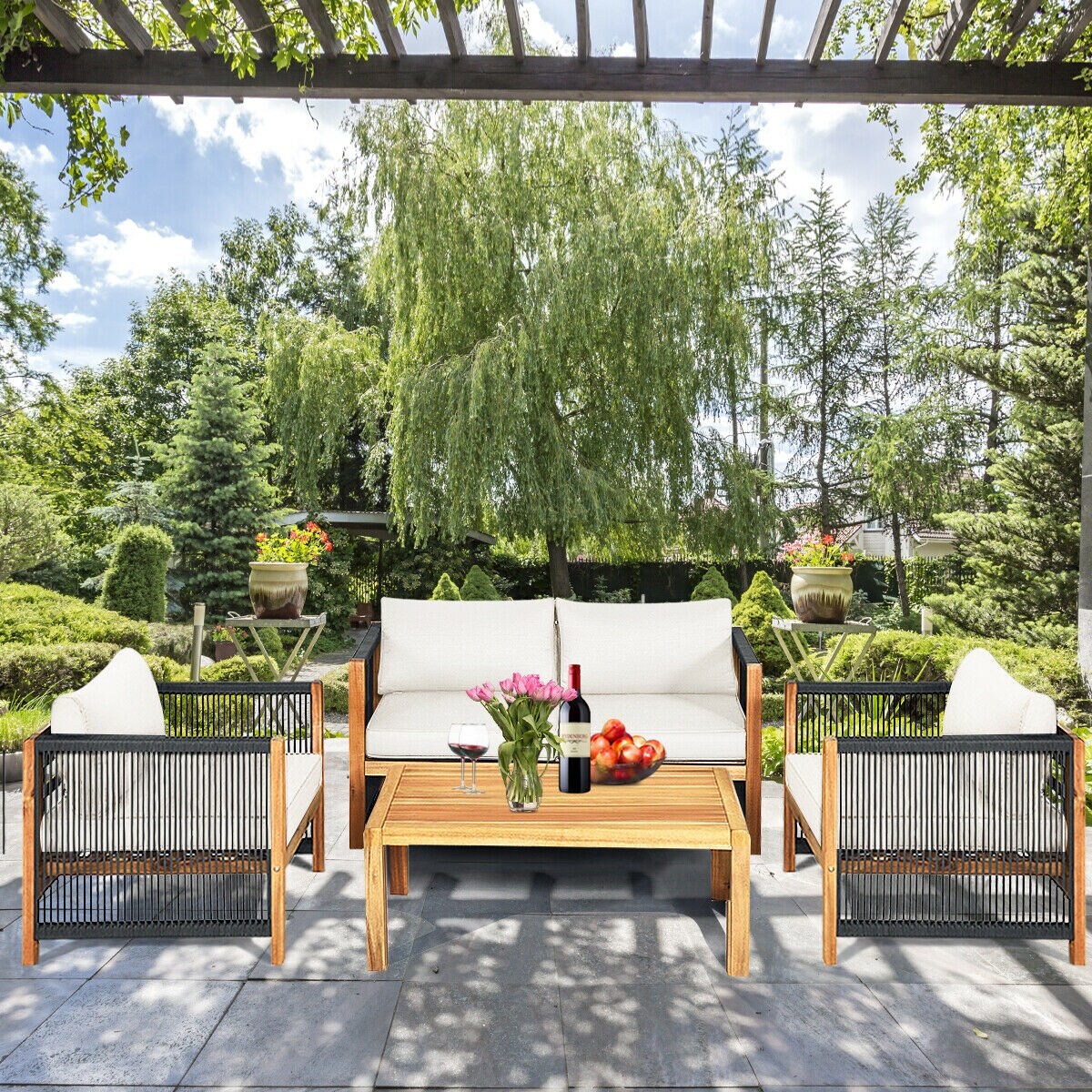 4 Pcs Acacia Wood Outdoor Patio Furniture Set with Cushions