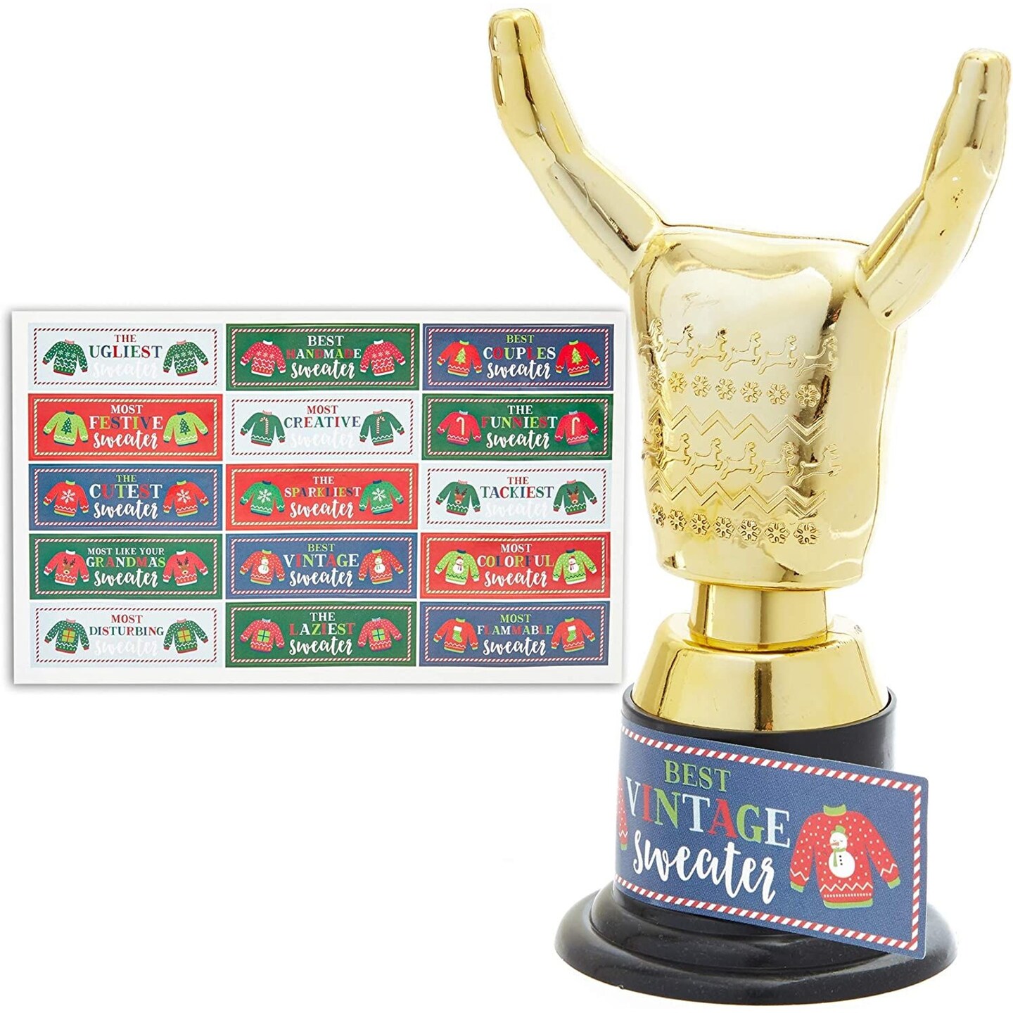 Blue Panda 12 Pack Ugly Christmas Sweater Christmas Trophy Award with Stickers for Party Game Decorations, Festive Funny Ugly Sweater Trophy Kit for Winter Holiday Celebration