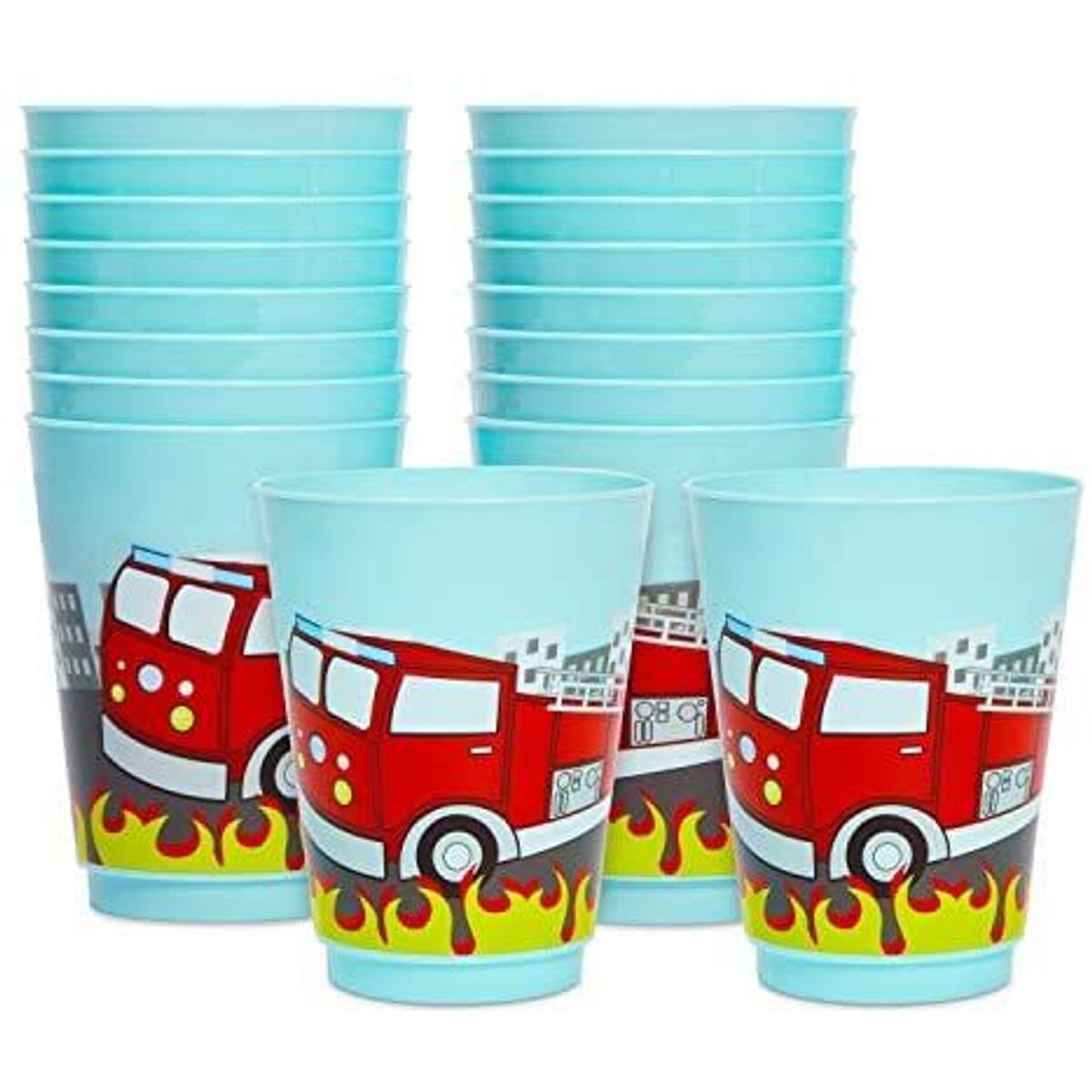 16 Pack Plastic Fire Truck Cups for Kids, Firefighter Party Favors for Birthday Party Supplies (16 oz)