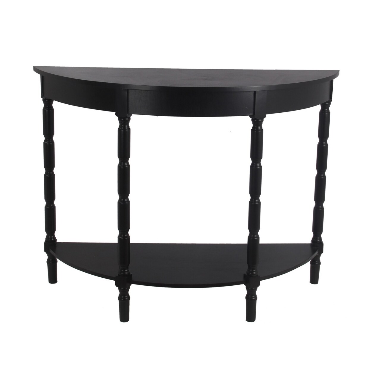 Saltoro Sherpi Half Moon Wooden Console Table with Open Shelf and Turned Legs, Gray-