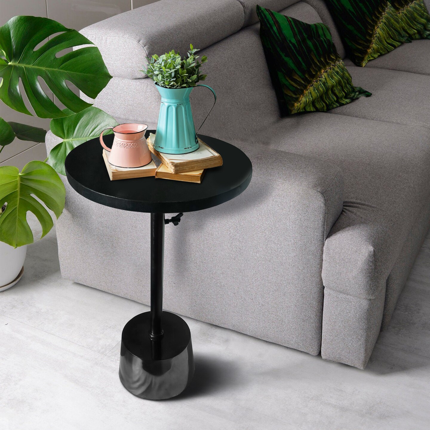 Saltoro Sherpi Aluminum Frame Round Side Table with Marble Top and Adjustable Height, Black-