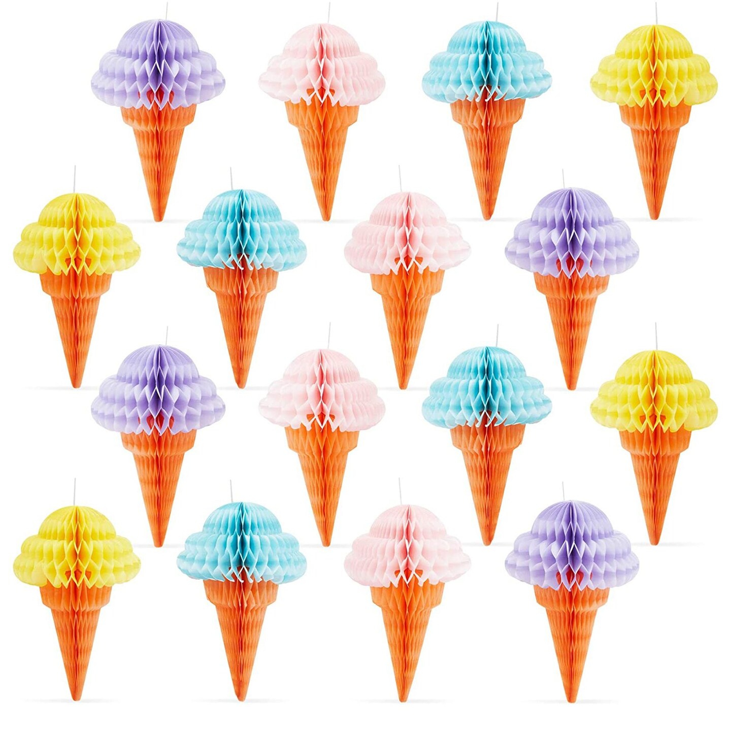 16 Pack Hanging Honeycomb Ice Cream Party Decorations for Birthday, Baby Shower, Celebration, 4 Colors (4 x 6 In)