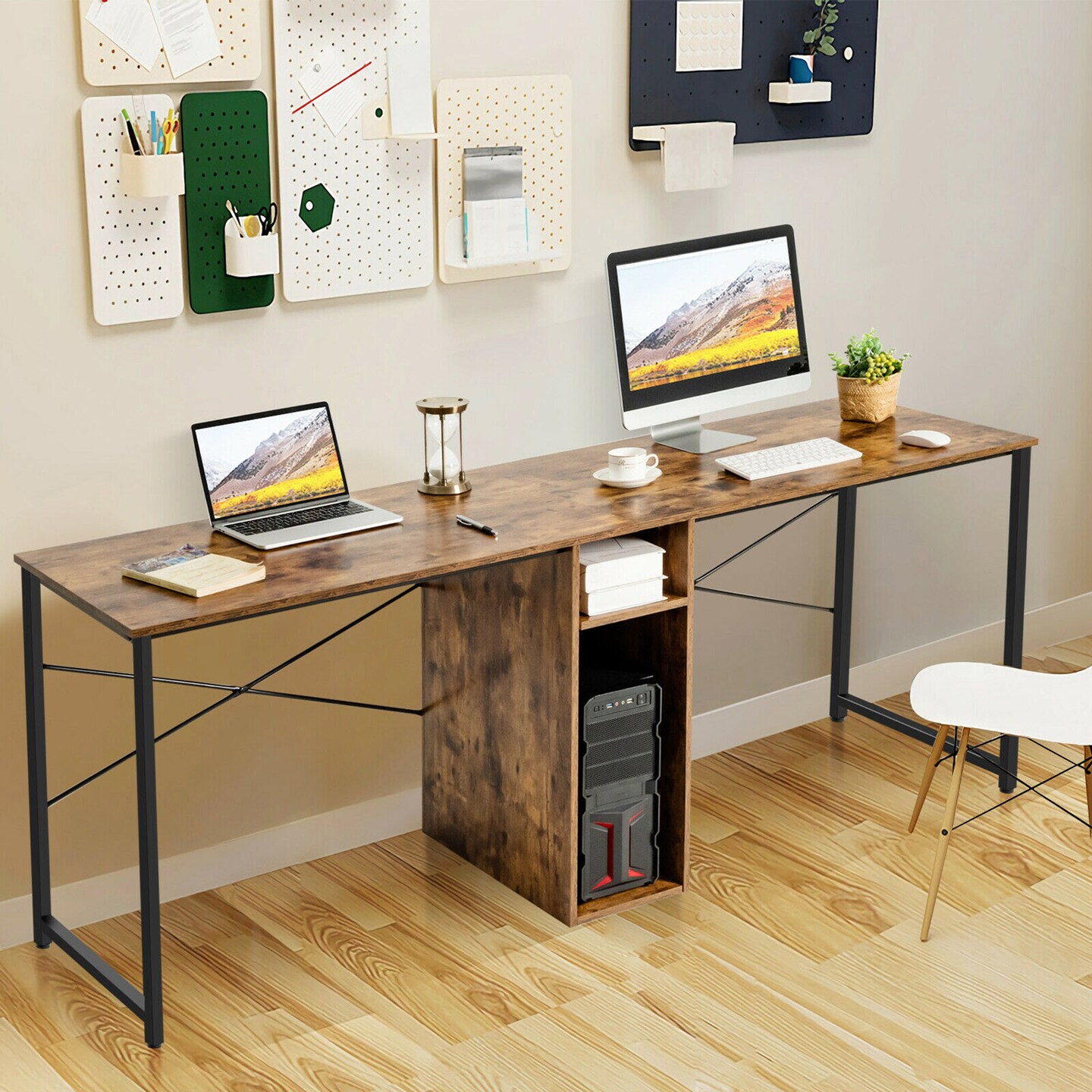 Costway 2 Person Computer Desk Double Workstation Office Desk w/ Storage Rustic Brown Black/Brown