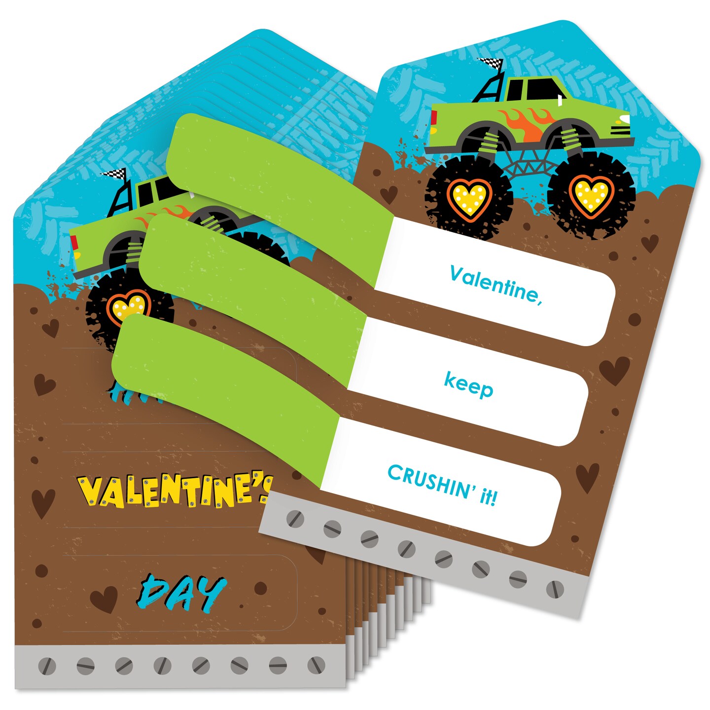 Big Dot of Happiness Smash and Crash - Monster Truck - Cards for Kids - Happy Valentine's Day Pull Tabs - Set of 12