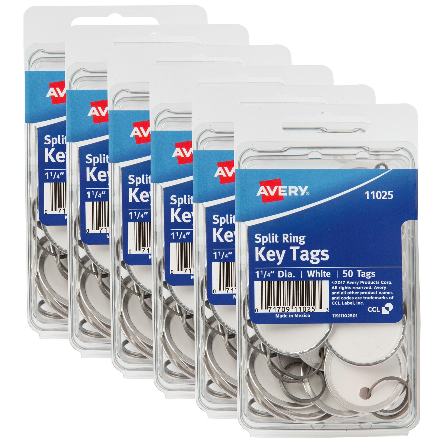 Avery Metal Rim Key Tags 6-Pack, 1-1/4&#x22; Diameter Tag, Metal Split Ring, White, 300 Tags Total (13128)