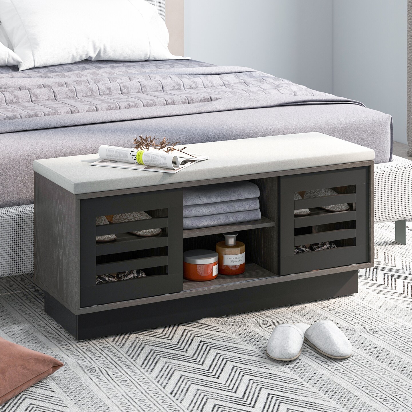Costway Shoe Storage Bench with Cushion Shoe Storage Organizer Shoe Rack Entryway Grey/Natural