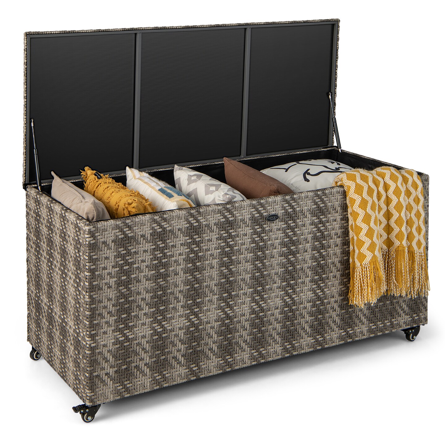 Costway 96 Gallon Patio Rattan Storage Deck Box Container Garden Liner Wheels Mix Brown/Grey