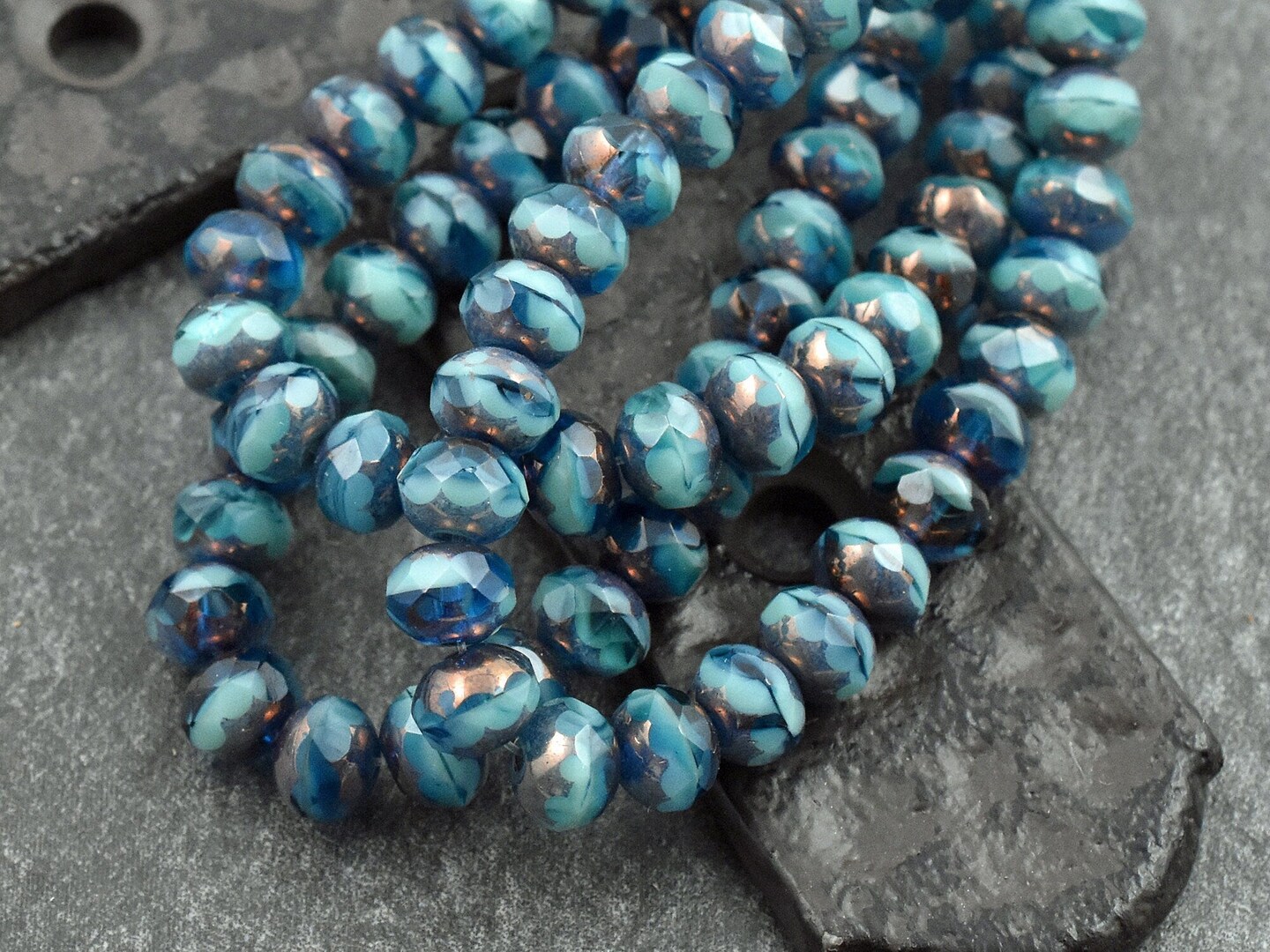 *25* 5x7mm Bronze Washed Blended Pacific Blue Turquoise Fire Polished Rondelle Beads
