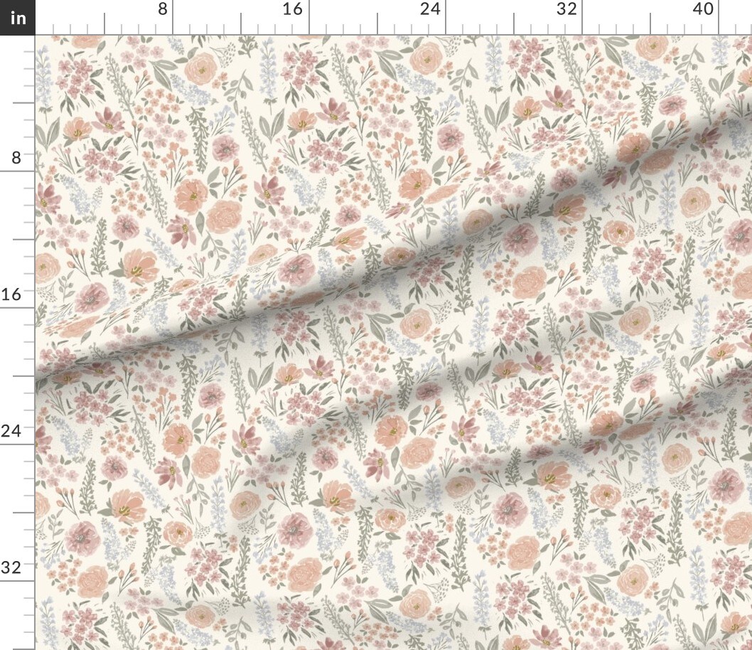 Blush Floral Muted Colors Sage Green Wildflower Meadow Feminine Custom Printed Fabric by Spoonflower Various Fabrics by the Yard or Fat Quarter