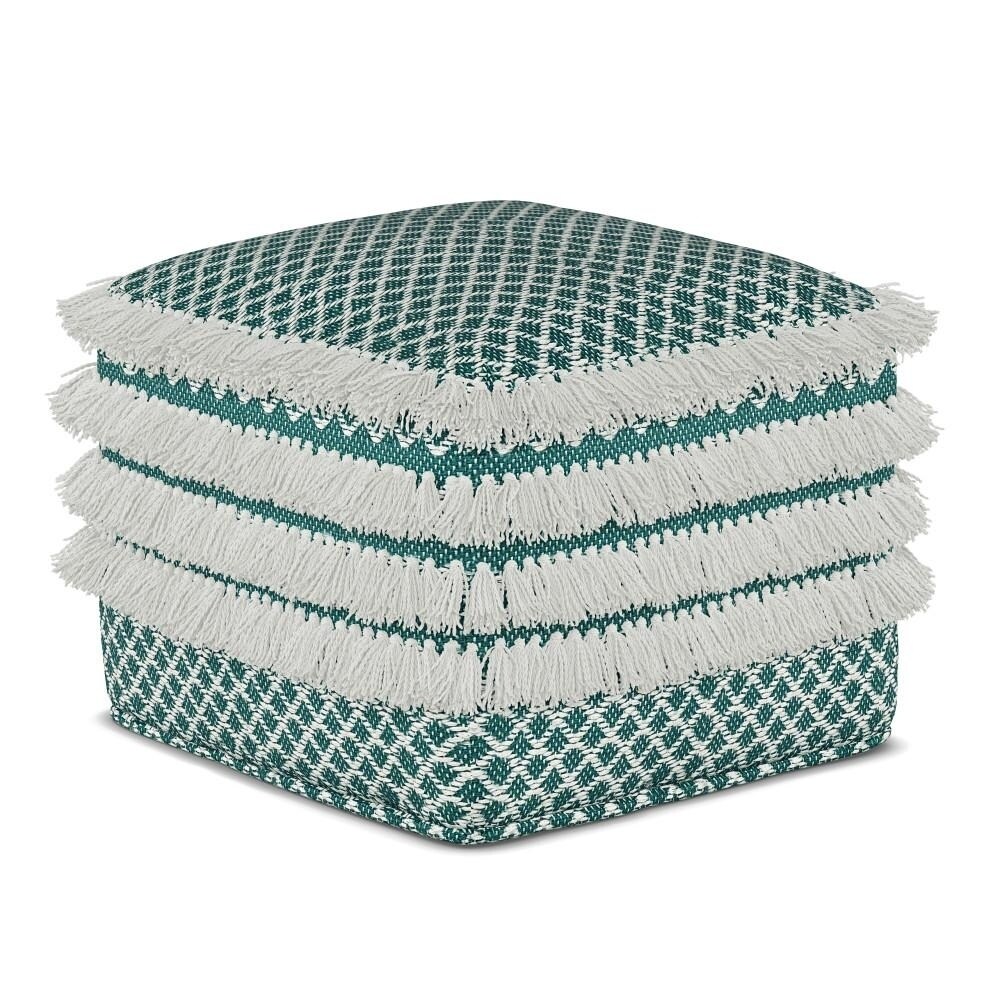 Simpli Home Leah Boho Square Woven Outdoor/ Indoor Pouf Recycled Pet Polyester