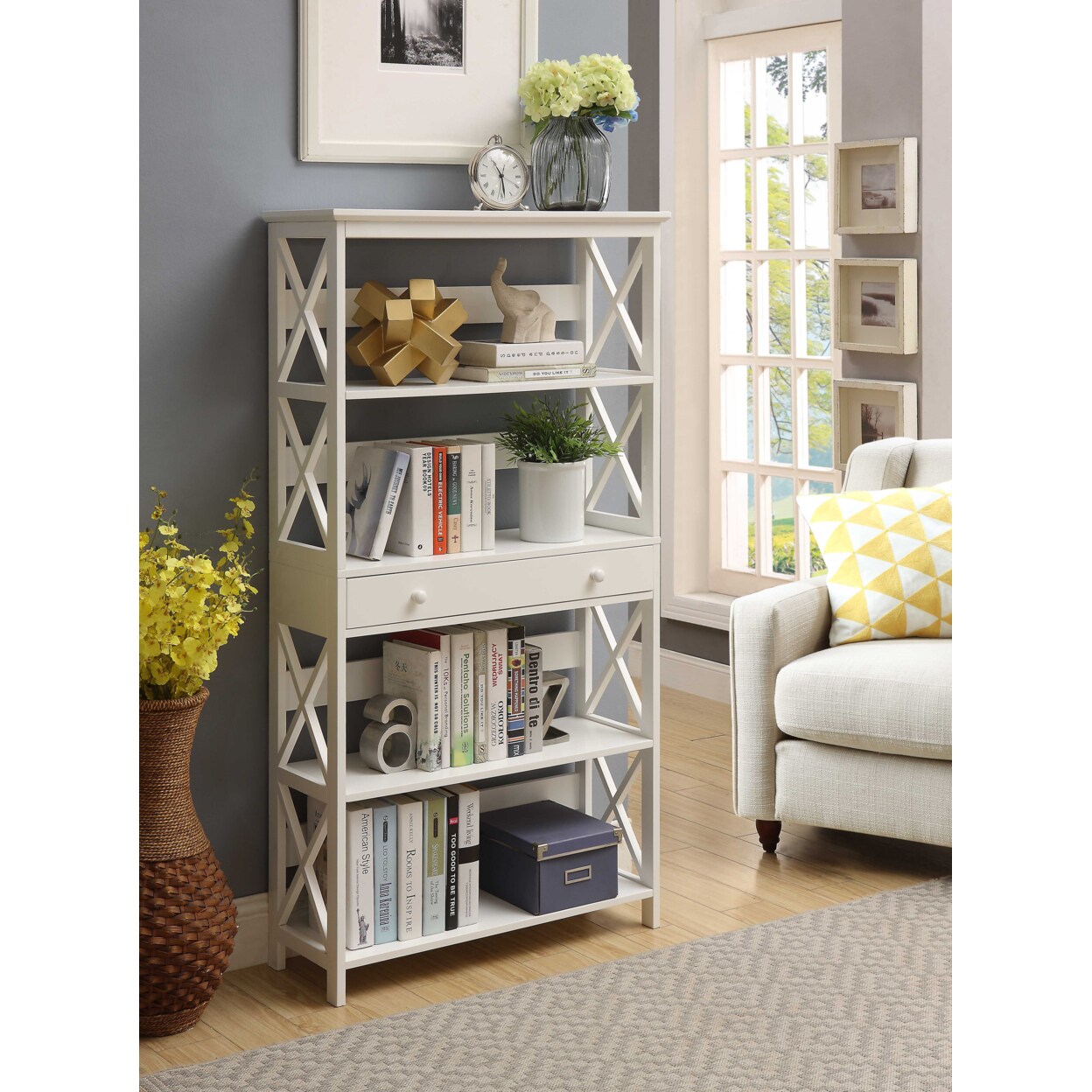 Convenience Concepts Oxford 5 Tier Bookcase with Drawer, White