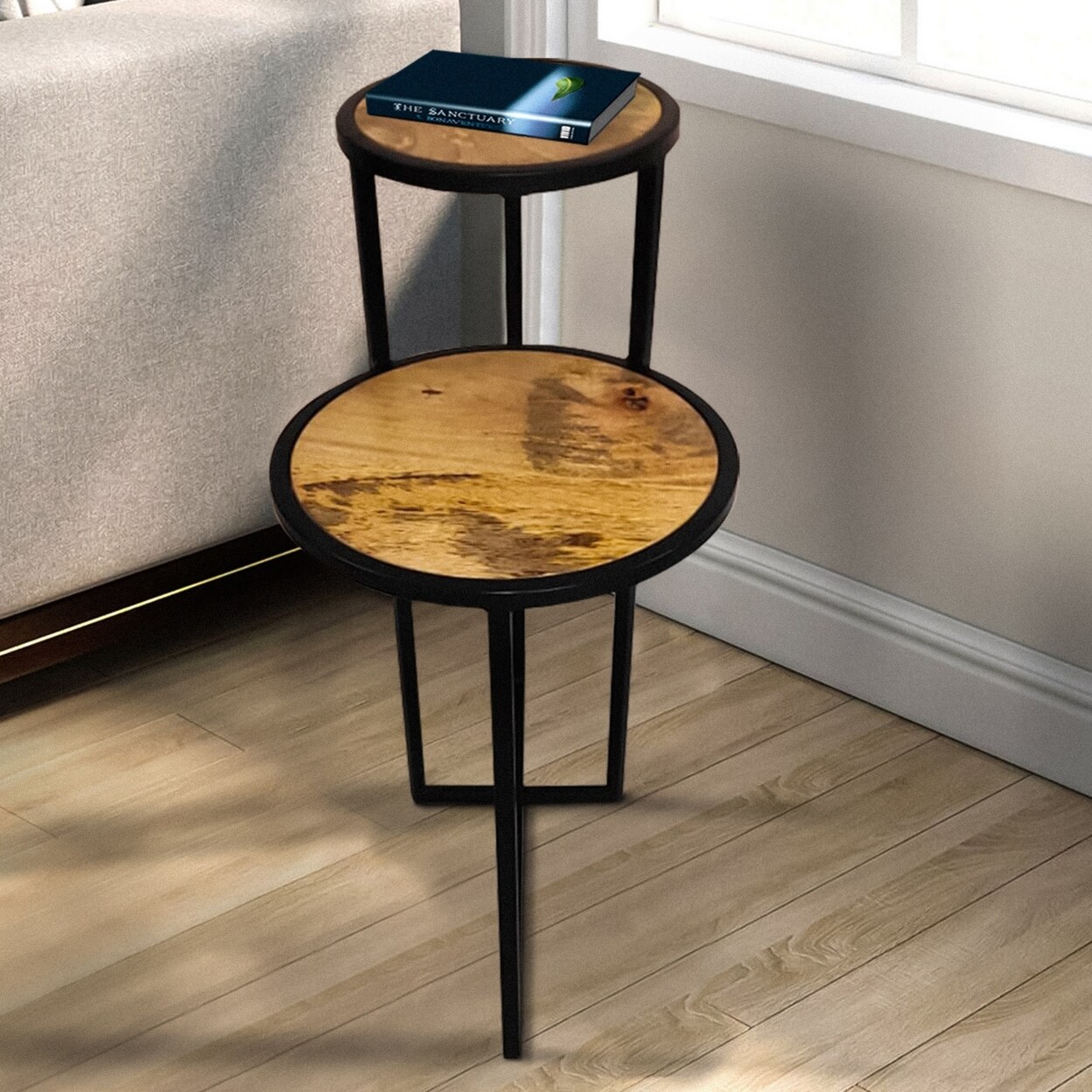 Saltoro Sherpi Two Tier Round Wooden Side Table with Metal Frame, Brown and Brass-