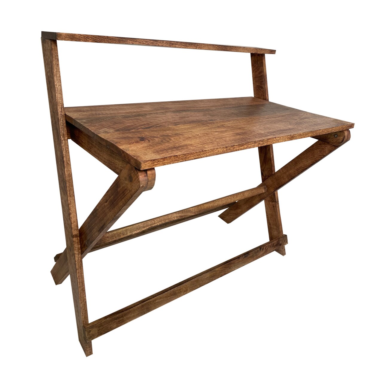 Saltoro Sherpi 42 Inch Rectangular Mango Wood Home Office Desk, Top Shelf, X Shaped Folding Frame, Brown-