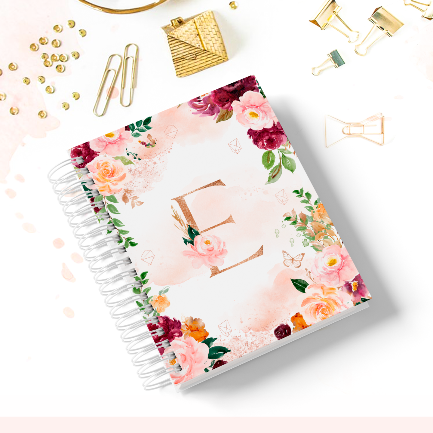 product name is Personalized Journal, Monogram notebooks, Personalized Initial Journal, Letter E, Flower Cover