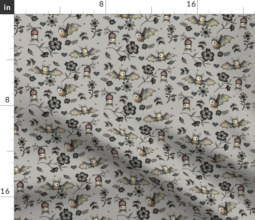 Bats And Flowers Gray Floral Halloween Spooky Hearts Novelty October Autumn Custom Printed Fabric by Spoonflower Various Fabrics by the Yard or Fat Quarter