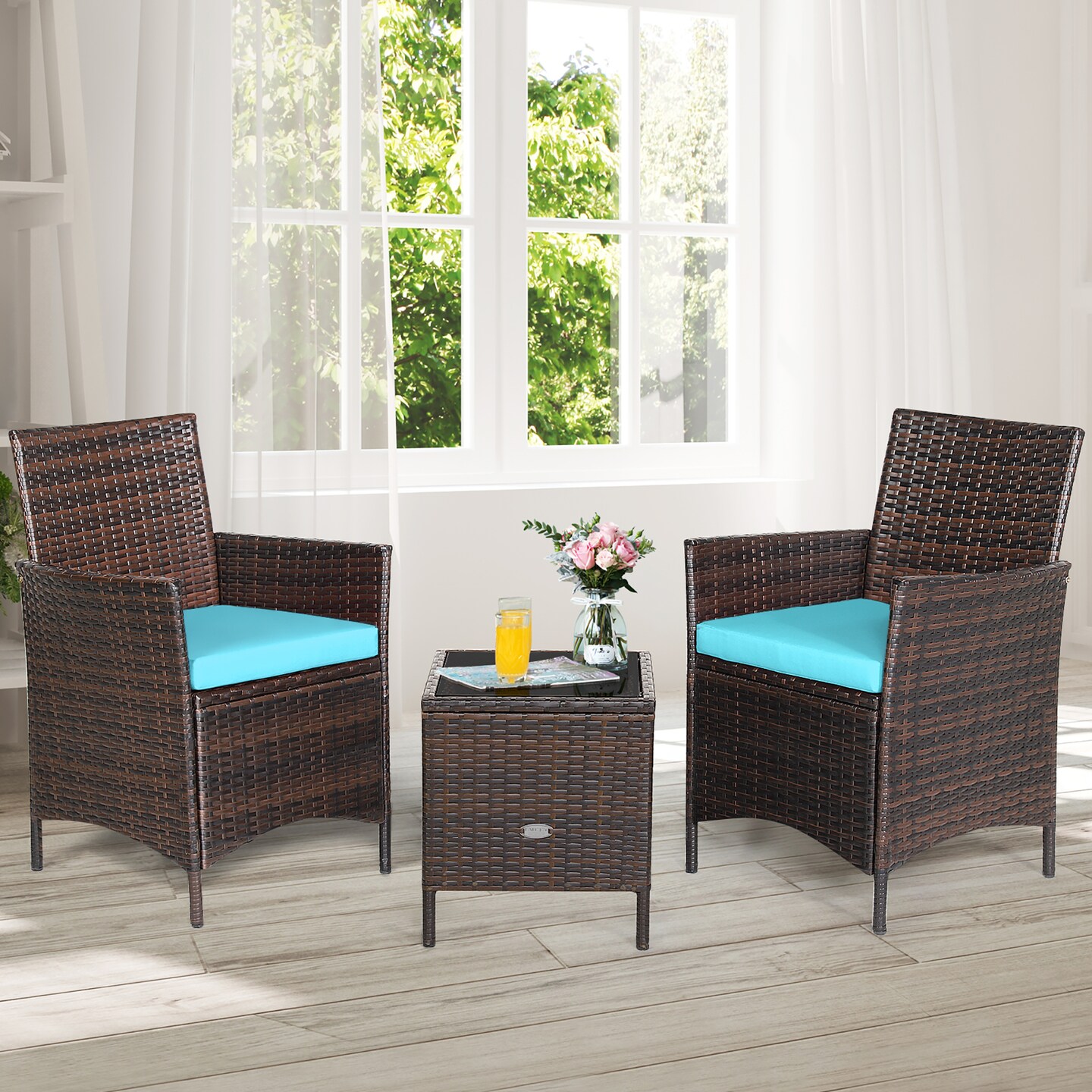 Costway 3PCS Patio Rattan Furniture Set Cushioned Sofa Glass Tabletop Deck Red\Blue\ White