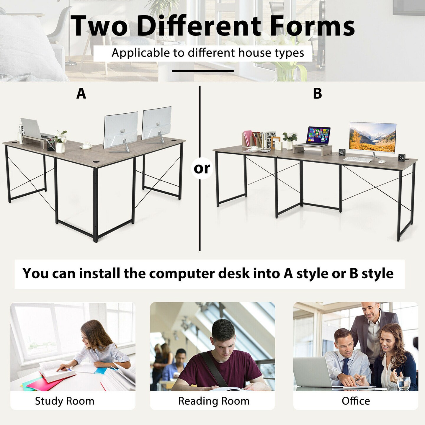 Costway L-Shaped Reversible Computer Desk 2-Person Long Table w/Monitor Stand