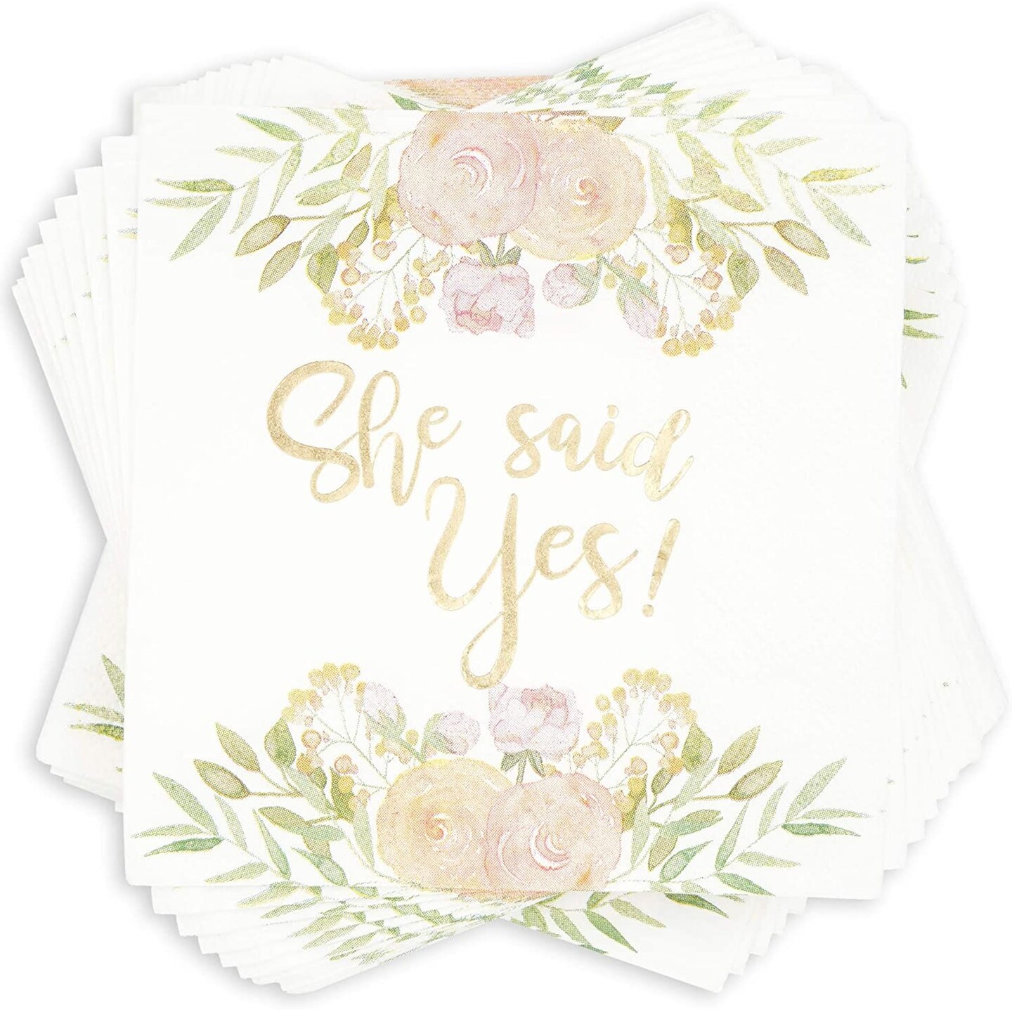 50 Pack Gold Foil She Said Yes Napkins for Engagement Party Supplies, Bridal Shower Decorations, Luncheon, Wedding Decor, Disposable, 3-Ply (White, 5 x 5 Inches)