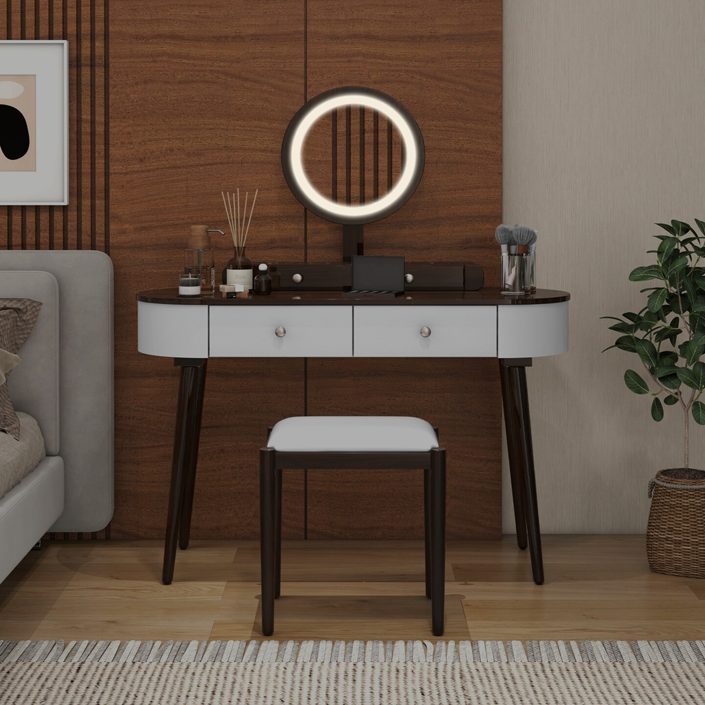 Costway Solid Wood Makeup Vanity Desk Set with LED Lighted Mirror Drawers Cushioned Stool White + Brown/Black + Brown/White + Black/White + Natural