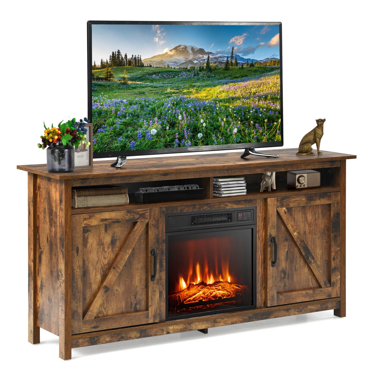 Gymax 60 Industrial Fireplace TV Stand W/ 18 1400W Electric Fireplace